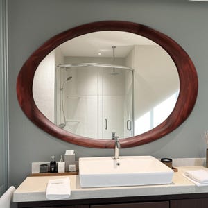 Walnut Frame Mirror for Bathroom, Unique Ellipse Mirror, Natural Wood Mirror for Entryway, Asymmetric Wall Hanging Mirror, Modern Home decor