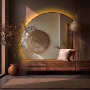 May include: A wooden bench with two cushions sits in front of a large, arched mirror with a warm, yellow light behind it. A woven wall hanging and a potted plant with pink flowers are visible in the reflection.