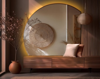 Halve cirkel badkamer led spiegel, badkamer spiegel met achtergrondverlichting, asymmetrische hal moderne onregelmatige wandspiegel, uniek ontwerp voor uw badkamer