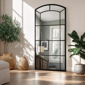 Arched Window Wall  Full-length Mirror, Arched Window Big Wall Mirror, Window Pane Mirror, Asymmetrical Black Mirror, Full Body Mirror