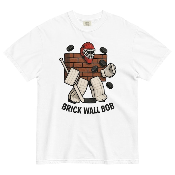 Brick Wall Bob Goalie Tee—retro hockey goalie shirt with bold Florida energy. A perfect gift for hockey fans who live in the crease.