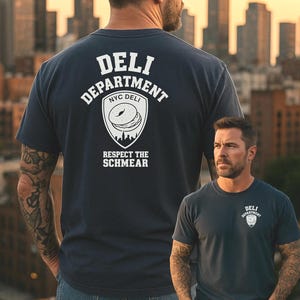 Koszula Respect The Schmear Deli Department – koszulka NYC Bagel Lover, styl FDNY, projekt Brooklyn Bridge, zabawna koszulka New York Food