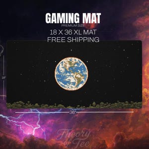 May include: A black gaming mat with a pixelated Earth design in the center, surrounded by a starry sky. The mat measures 18 x 36 inches. The words "GAMING MAT" and "PREMIUM SIZE" are at the top.