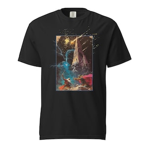 Celestial Confrontation – Dark Fantasy Sage Battle Graphic Tee | Comfort Colors Cosmic Wizard Shirt