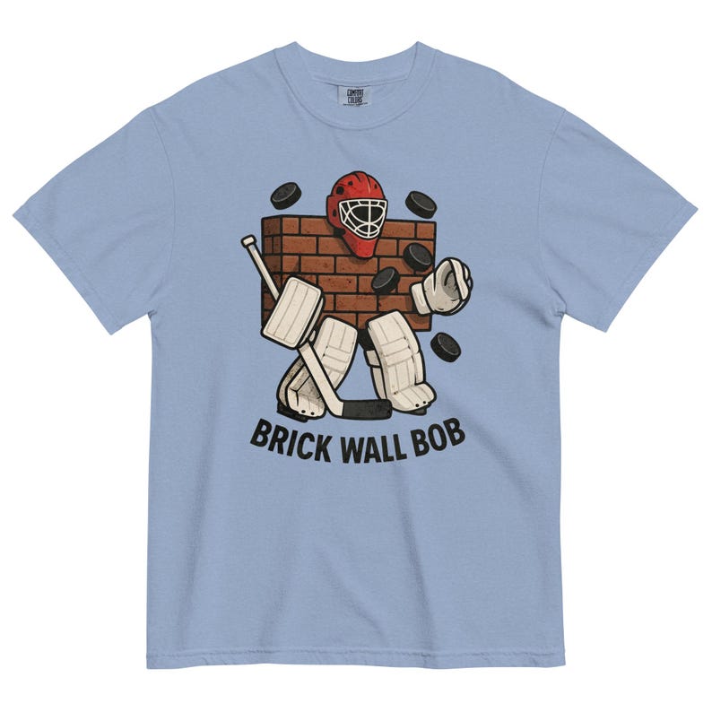 Brick Wall Bob Goalie Tee – Funny Hockey Goalie Shirt – Vintage Style Hockey T-Shirt – Retro Goalie Graphic Tee – Ice Hockey Gift for Fans