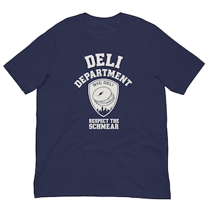 Koszulka z nadrukiem z przodu Respect The Schmear Deli Department – NYC Bagel Lover Tee, styl FDNY, projekt Brooklyn Bridge, zabawna koszulka z nadrukiem New York Food
