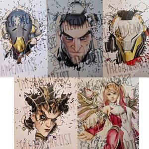 Può includere: Cinque disegni diversi di personaggi del videogioco Overwatch. Ogni disegno è incorniciato da uno sfondo bianco con schizzi di vernice nera. I personaggi sono disegnati in uno stile realistico con ombreggiature e luci dettagliate. I personaggi sono: Genji, Tracer, D.Va, Reaper e Mercy.