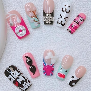 Handmade Acrylic Y2K Emo Scene Press On Nails | Coffin Shape | Domo iPod British Flag Arizona Tea Uwu | 2000s Alt Kawaii Aesthetic False