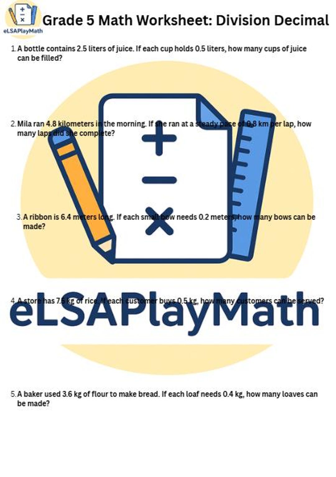 Grade 5 Math Worksheet: Division Decimal With Answer Key - Etsy