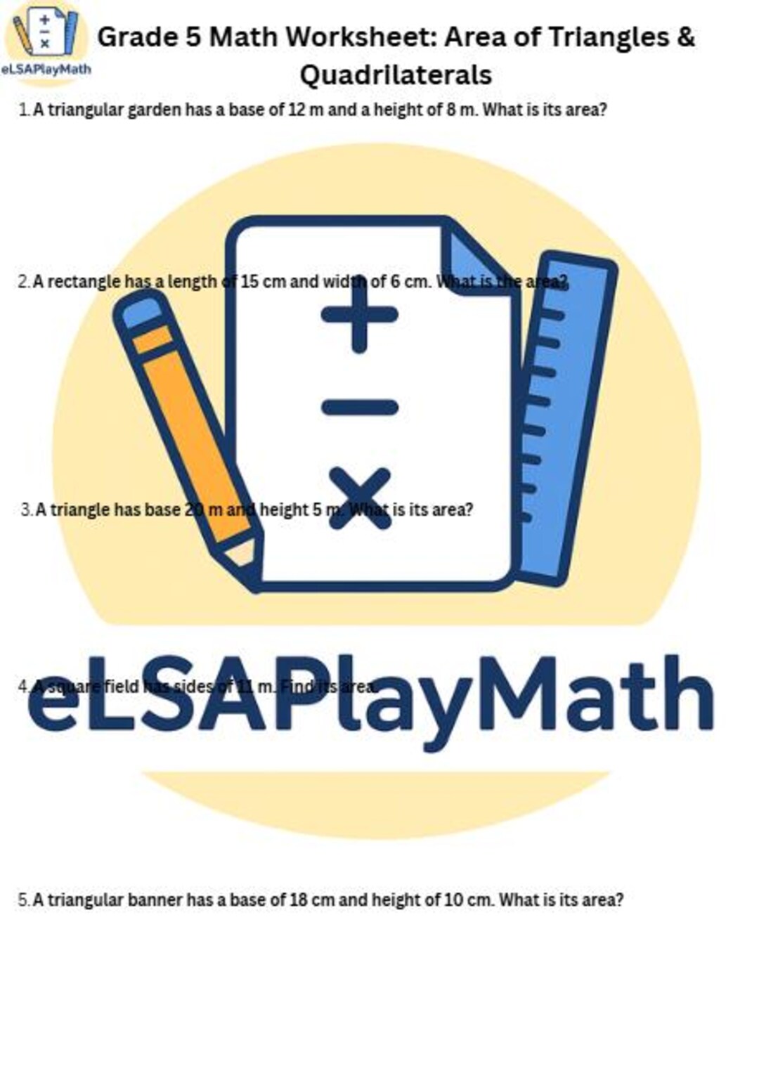 Grade 5 Math Worksheet: Area of Triangles & Quadrilaterals With Answer ...