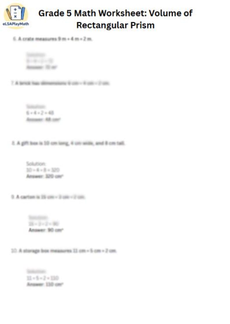 Grade 5 Math Worksheet: Volume of Rectangular Prism With Answer Key - Etsy