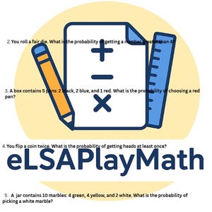 May include: A math worksheet for Grade 5 Probability. The worksheet includes questions about probability with red and blue balls, rolling a die, choosing a red pen, flipping a coin, and picking marbles. The worksheet has a pencil, ruler, and math symbols.