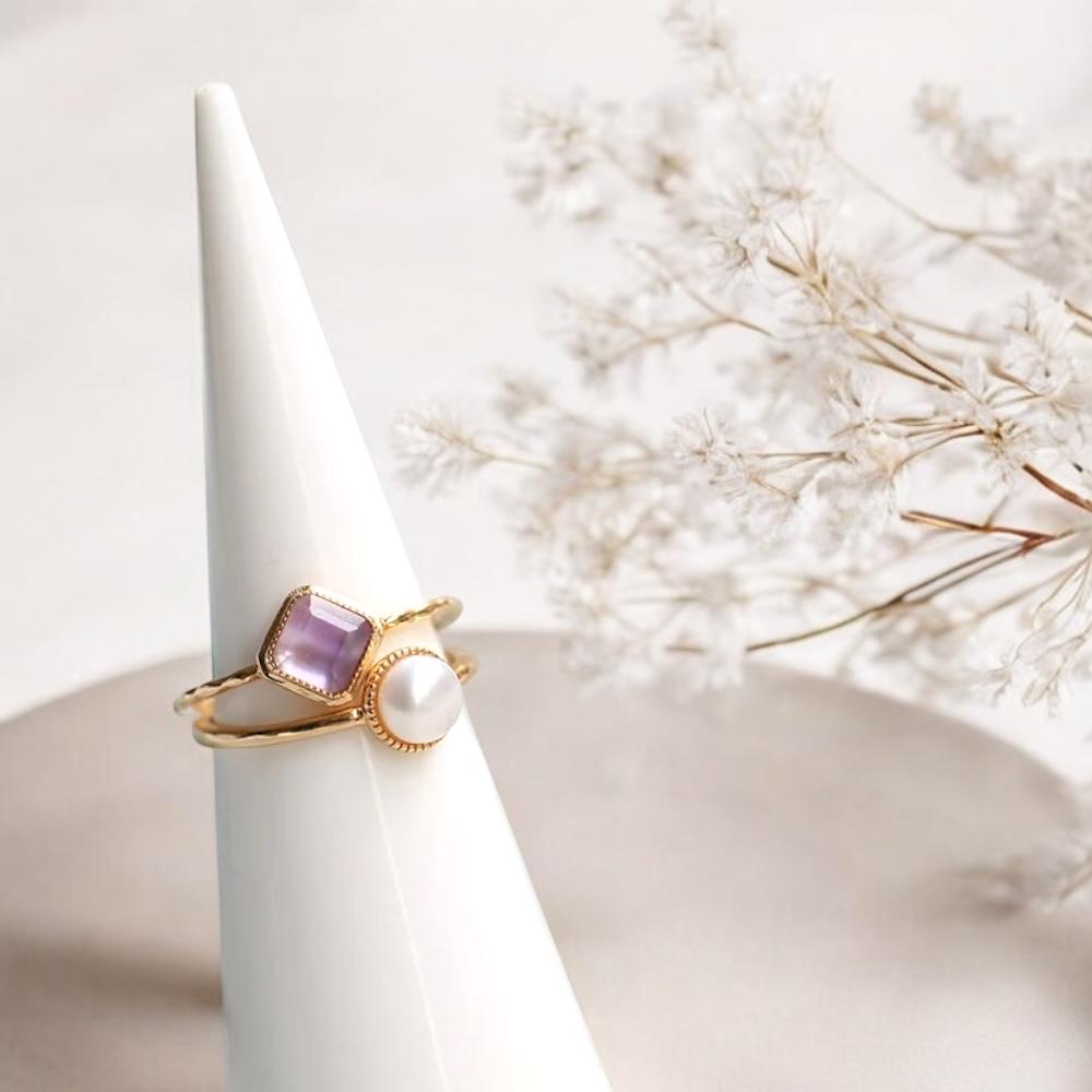 Freshwater Pearl Stacking Ring - Dainty 14K Gold Plated & Silver Band, Pearl Jewelry Gift for Her, Minimalist Stacked Ring, Gift for sister