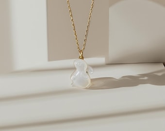 White Shell Rabbit Necklace | Moon Bunny Pendant with Stainless Steel Chain | Mother of Pearl Charm Jewelry, Gift for her, Easter Gift