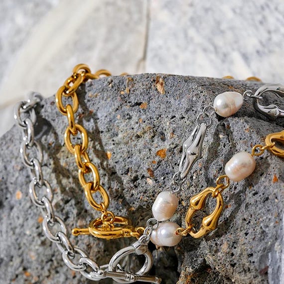 Freshwater Pearl Chunky Chain Bracelet, Half Chain Half
