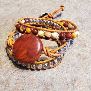 Coined Gemstone Triple Wrap Leather Bracelet Apple Jasper and Mookaite for small wrists and woodburned wooden gift box image 9