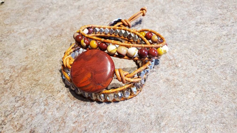 Coined Gemstone Triple Wrap Leather Bracelet Apple Jasper and Mookaite for small wrists and woodburned wooden gift box image 9