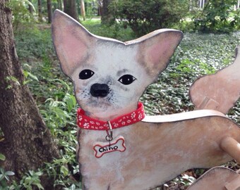 Chihuahua Whirligig: Personalized Dog Collar Name Tag, Pine Wood Garden Decor