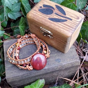 Coined Gemstone Triple Wrap Leather Bracelet Apple Jasper and Mookaite for small wrists and woodburned wooden gift box image 1