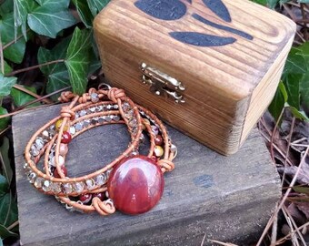 Coined Gemstone Triple Wrap Leather Bracelet Apple Jasper and Mookaite for small wrists and woodburned wooden gift box