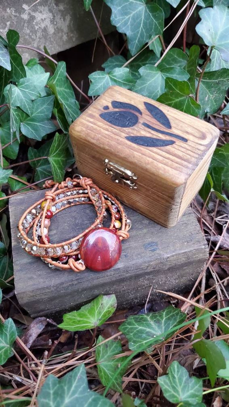 Coined Gemstone Triple Wrap Leather Bracelet Apple Jasper and Mookaite for small wrists and woodburned wooden gift box image 1