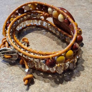 Coined Gemstone Triple Wrap Leather Bracelet Apple Jasper and Mookaite for small wrists and woodburned wooden gift box image 8