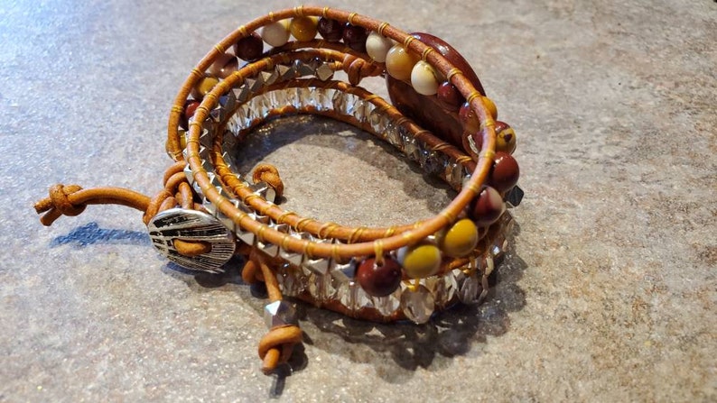 Coined Gemstone Triple Wrap Leather Bracelet Apple Jasper and Mookaite for small wrists and woodburned wooden gift box image 8