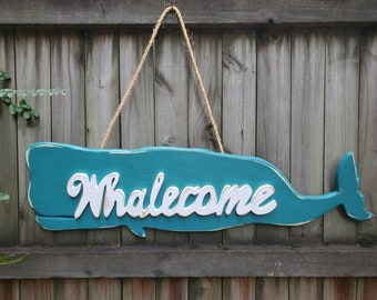 Distressed Wooden Whale Whalecome Sign