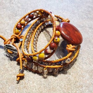 Coined Gemstone Triple Wrap Leather Bracelet Apple Jasper and Mookaite for small wrists and woodburned wooden gift box image 10