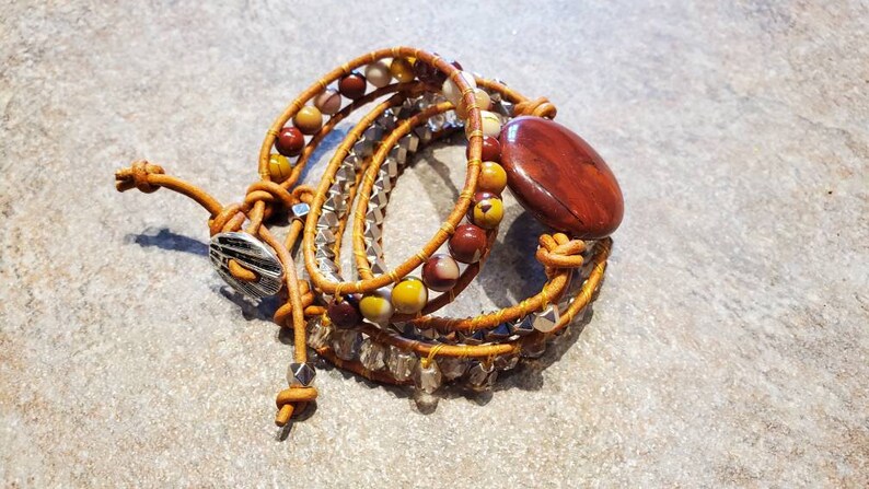 Coined Gemstone Triple Wrap Leather Bracelet Apple Jasper and Mookaite for small wrists and woodburned wooden gift box image 10