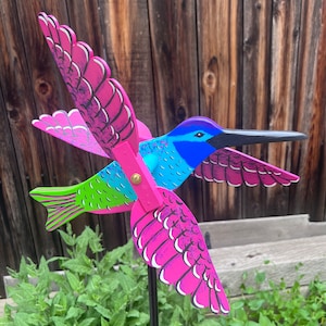 Large Pink Hummingbird Whirligig (Body14”); Wind Powered Yard Decoration