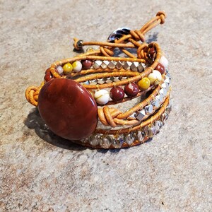 Coined Gemstone Triple Wrap Leather Bracelet Apple Jasper and Mookaite for small wrists and woodburned wooden gift box image 5