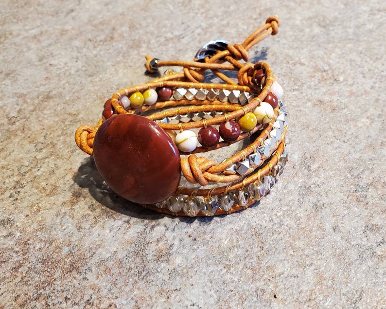 Coined Gemstone Triple Wrap Leather Bracelet Apple Jasper and Mookaite for small wrists and woodburned wooden gift box image 5