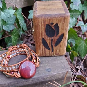 Coined Gemstone Triple Wrap Leather Bracelet Apple Jasper and Mookaite for small wrists and woodburned wooden gift box image 2