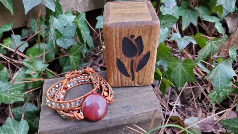 Coined Gemstone Triple Wrap Leather Bracelet Apple Jasper and Mookaite for small wrists and woodburned wooden gift box image 2