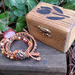 Coined Gemstone Triple Wrap Leather Bracelet Apple Jasper and Mookaite for small wrists and woodburned wooden gift box image 6