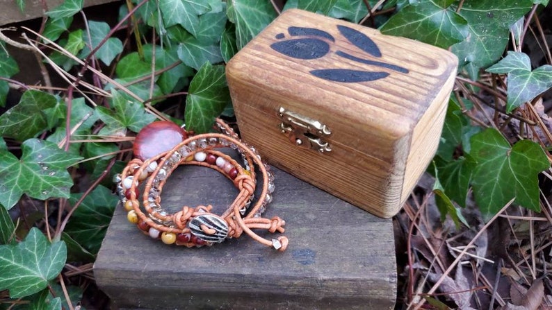 Coined Gemstone Triple Wrap Leather Bracelet Apple Jasper and Mookaite for small wrists and woodburned wooden gift box image 6