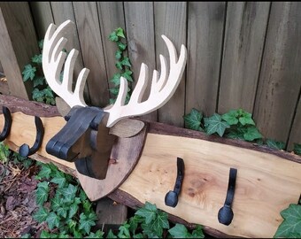 Deer Head Trophy Coat Rack / Organizer with Railroad Spikes on Live Edge Black Walnut…Local Pick Up ONLY (Denver, CO)