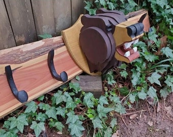 Bear Head Trophy Coat Rack / Organizer with Railroad Spikes on Live Edge Eastern Red Cedar…Local Pick Up ONLY …(Denver Co)