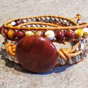 Coined Gemstone Triple Wrap Leather Bracelet Apple Jasper and Mookaite for small wrists and woodburned wooden gift box image 4
