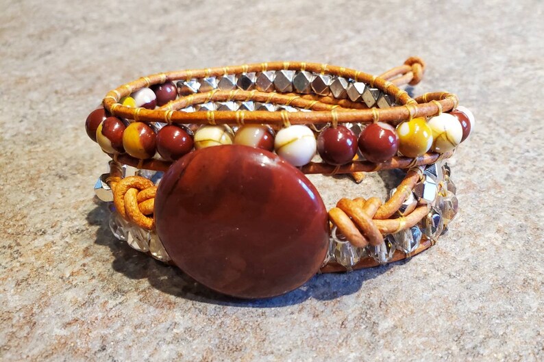 Coined Gemstone Triple Wrap Leather Bracelet Apple Jasper and Mookaite for small wrists and woodburned wooden gift box image 4