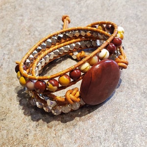 Coined Gemstone Triple Wrap Leather Bracelet Apple Jasper and Mookaite for small wrists and woodburned wooden gift box image 7