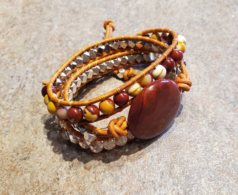 Coined Gemstone Triple Wrap Leather Bracelet Apple Jasper and Mookaite for small wrists and woodburned wooden gift box image 7