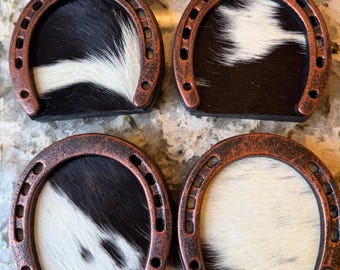 Set of 4 Rustic Horseshoe Cowhide Coasters, Wood Base Home Decor