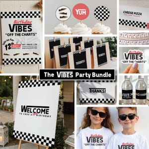 May include: A party bundle featuring a variety of items with a black and white checkered theme. Includes signs, cupcake toppers, water bottle labels, stickers, gift bags, and t-shirts with the text "Birthday Vibes" and "Off the Charts".