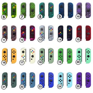 May include: Thirty different colored Nintendo Switch Joy-Con controllers. The controllers are arranged in rows of five, with each row featuring a different color scheme. The controllers are all in the same style, with a black button on the top and a white button on the bottom.