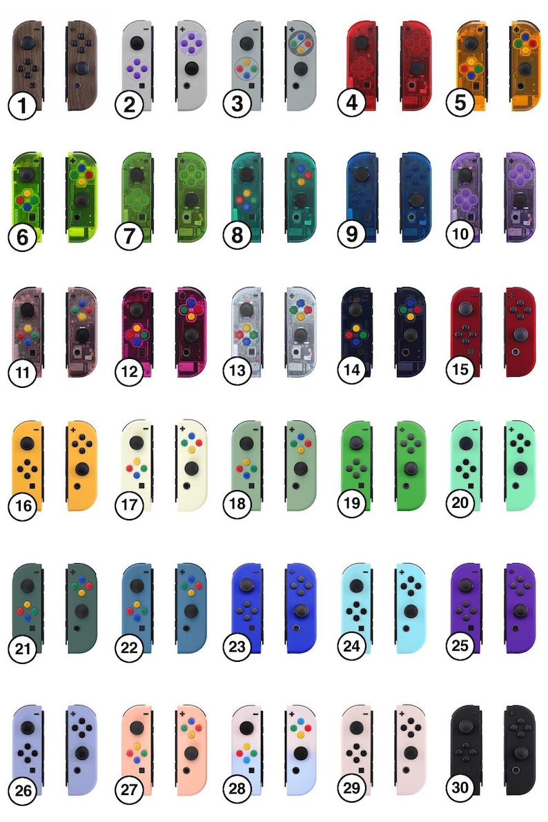 May include: Thirty different colored Nintendo Switch Joy-Con controllers. The controllers are arranged in rows of five, with each row featuring a different color scheme. The controllers are all in the same style, with a black button on the top and a white button on the bottom.