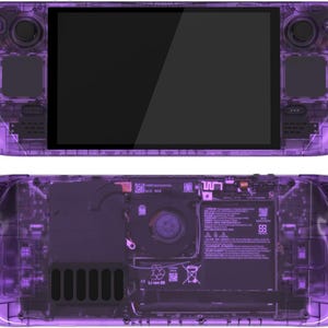 May include: A transparent purple handheld gaming console, showcasing internal components. The front view displays a black screen, control sticks, and buttons. The back view reveals the battery, fan, and circuit board. The console's design allows visibility of its internal workings.