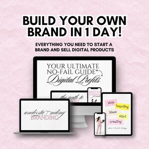 以下が含まれることがあります： 「BUILD YOUR OWN BRAND IN 1 DAY!」と「EVERYTHING YOU NEED TO START A BRAND AND SELL DIGITAL PRODUCTS」というテキストが表示されたプロモーション画像。ラップトップ、デスクトップモニター、タブレット、2台のスマートフォンがデジタルコンテンツを表示しています。