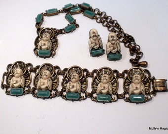 Buddha Necklace Bracelet Earrings Faux Jade Ivory